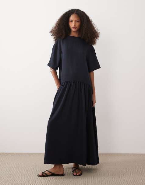 ASOS DESIGN dropped waist t-shirt midi dress in navy - view 1