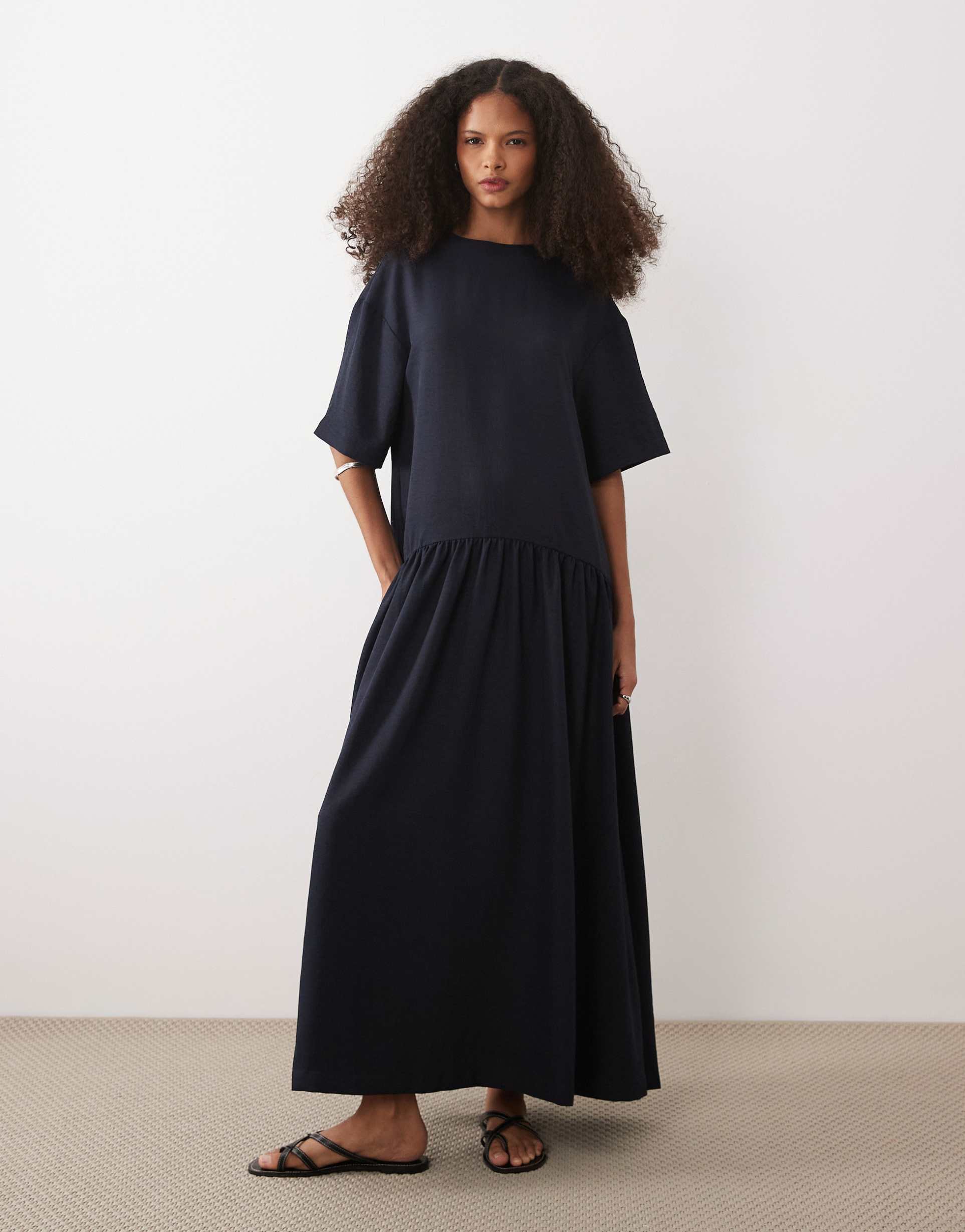 asos design dropped waist t-shirt midi dress in navy
