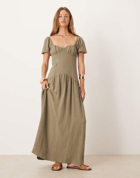 ASOS DESIGN dropped waist tea dress in olive green - view 1