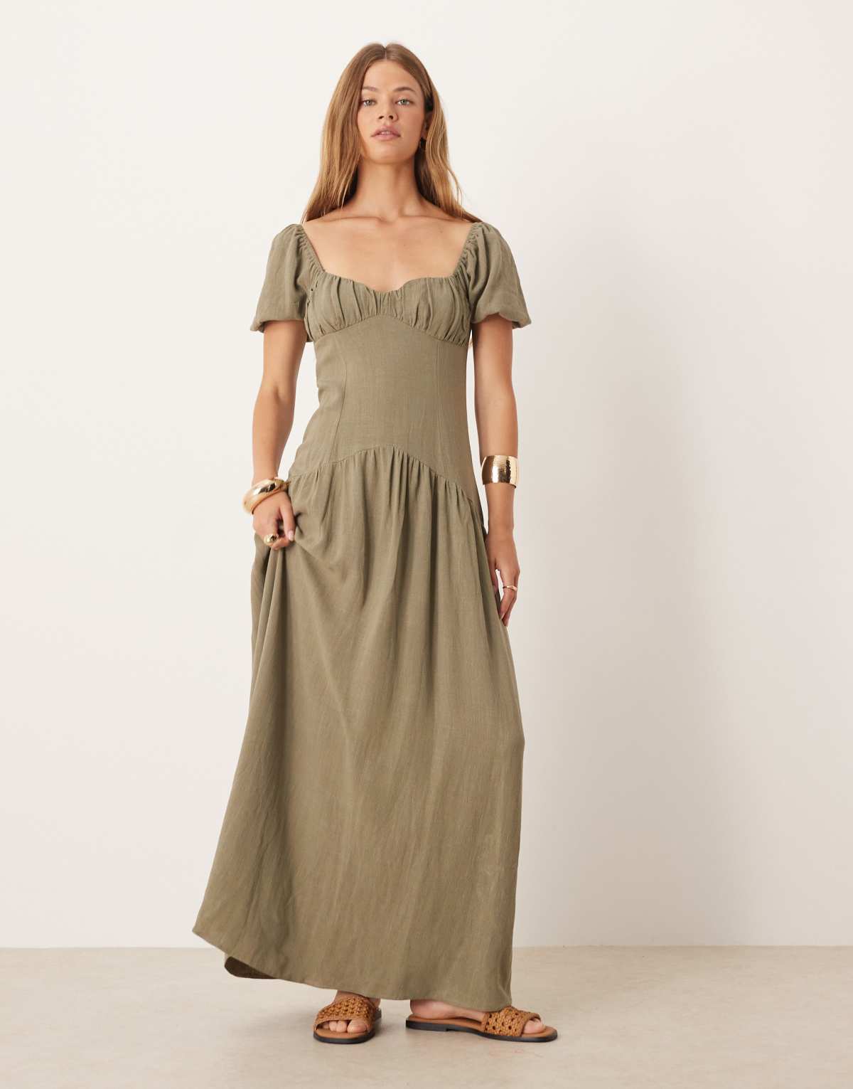 ASOS DESIGN dropped waist tea dress in olive green