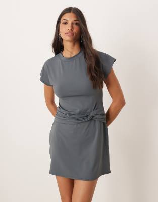 Asos Design Dropped Waist Twist Detail T-shirt Mini Dress-gray