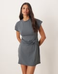 [ASOS DESIGN] ASOS DESIGN dropped waist twist detail t-shirt mini dress-Grey S Slate