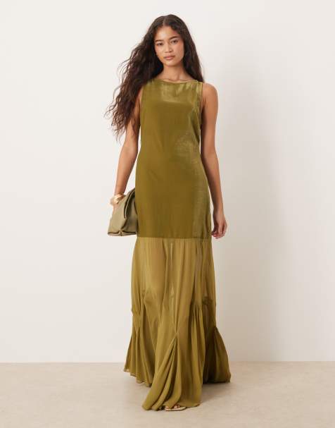 ASOS DESIGN dropped waist velvet maxi dress with sheer godet skirt in olive - view 1