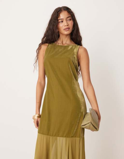 ASOS DESIGN dropped waist velvet maxi dress with sheer godet skirt in olive