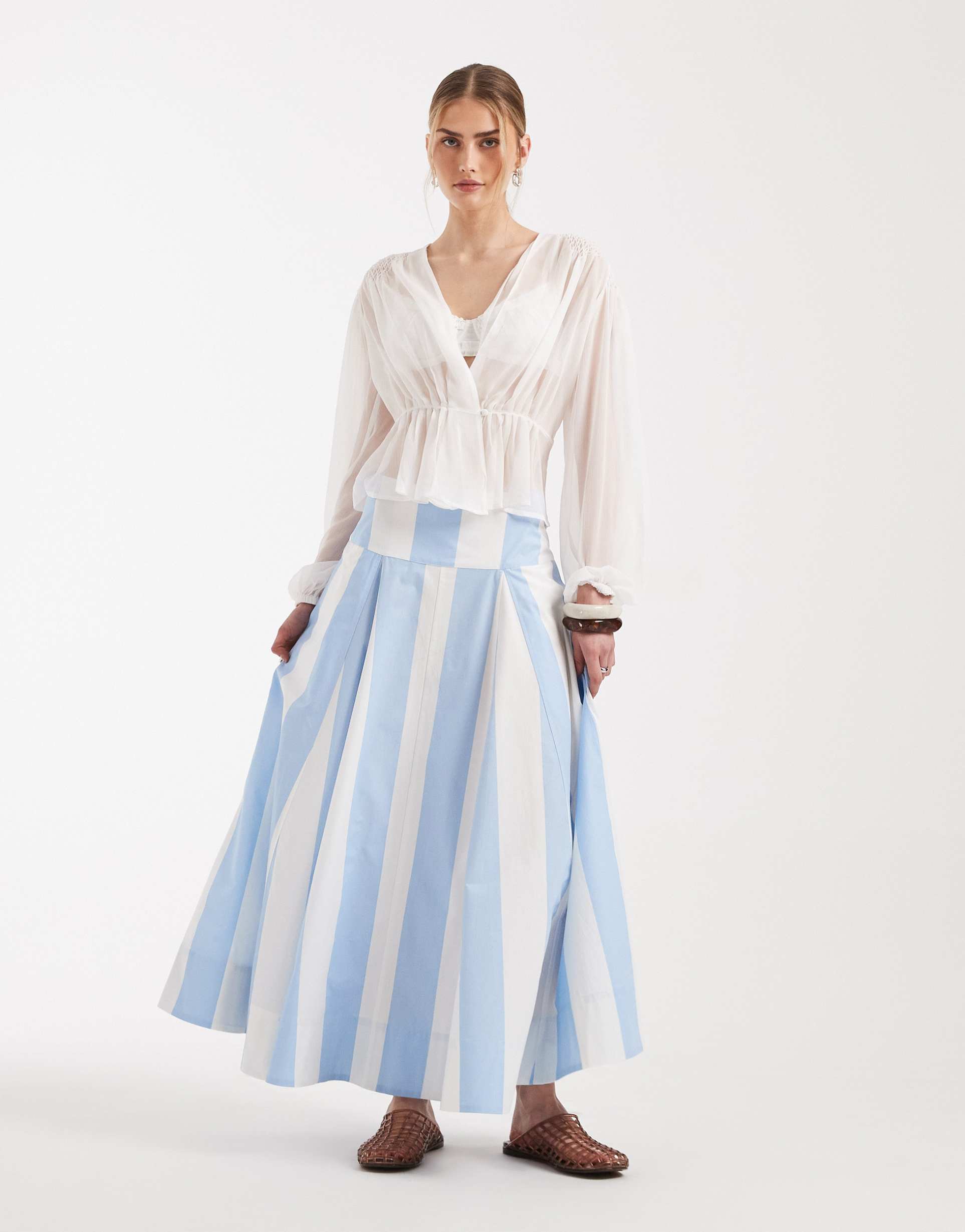 asos design dropped waist volume godet midi skirt in stripe