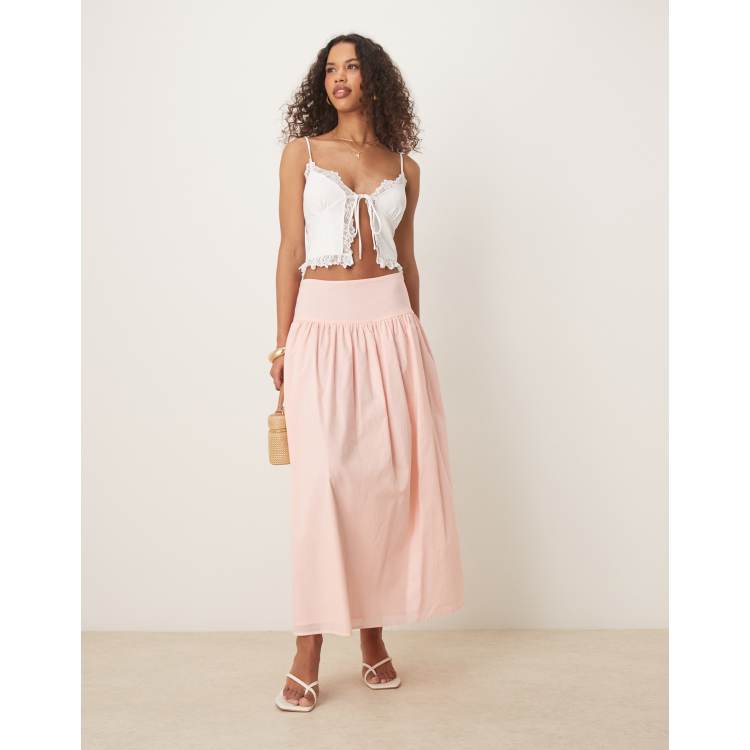 ASOS DESIGN dropped waist volume midi skirt in washed pink