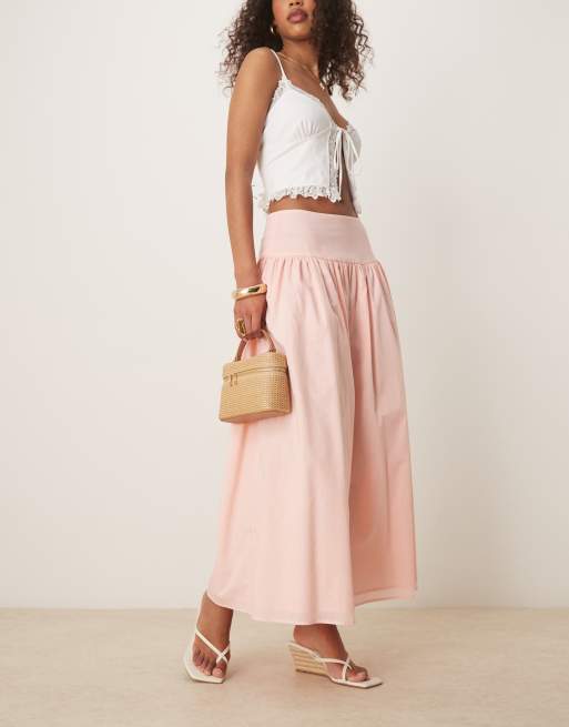 ASOS DESIGN dropped waist volume midi skirt in washed pink