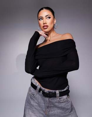 Asos Design Slinky Asymmetric Neck Ruched Sleeve Top In Black In Black