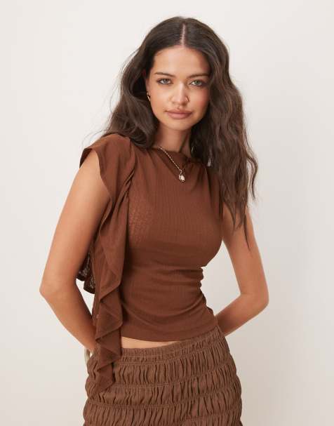 ASOS DESIGN dry handle rib frill detail slash neck top in brown - view 1