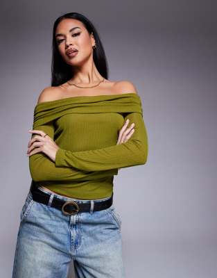 Shop ASOS DESIGN dry handle rib longline bardot top in olive Online – Trendy & Affordable Fashion