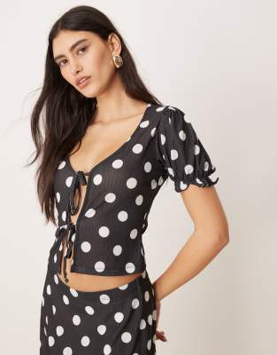 Asos Design Dry Handle Rib Tie Front Puff Sleeve Polka Dot Top In Black - Part Of A Set
