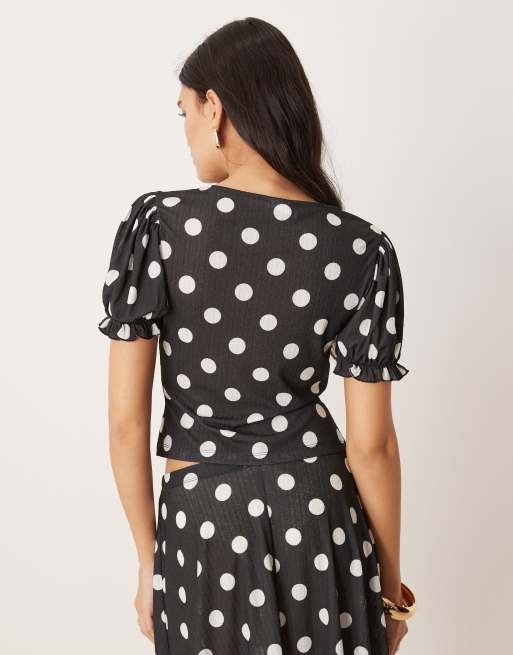 ASOS DESIGN dry handle rib tie front puff sleeve polka dot top in black (part of a set), 3 of 4