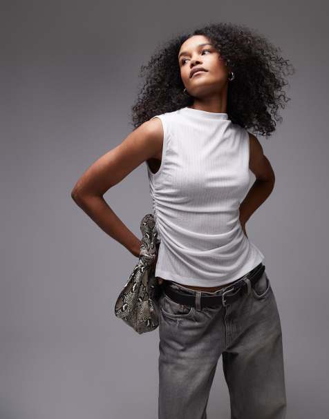 ASOS DESIGN dry handle ruched high neck tank in ivory - view 1