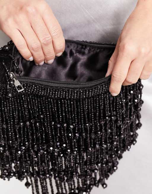 ASOS DESIGN Dual Wear Clutch schoudertas met franjes van kralen in zwart