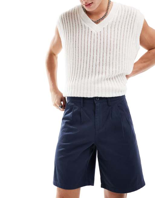 ASOS DESIGN - Dubbel geplooide chinoshort in marineblauw