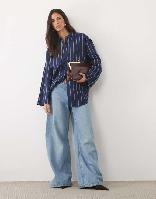 ASOS DESIGN dubbellaags boxy overhemd met manchetdetail in marineblauwe streep, 2 van 4