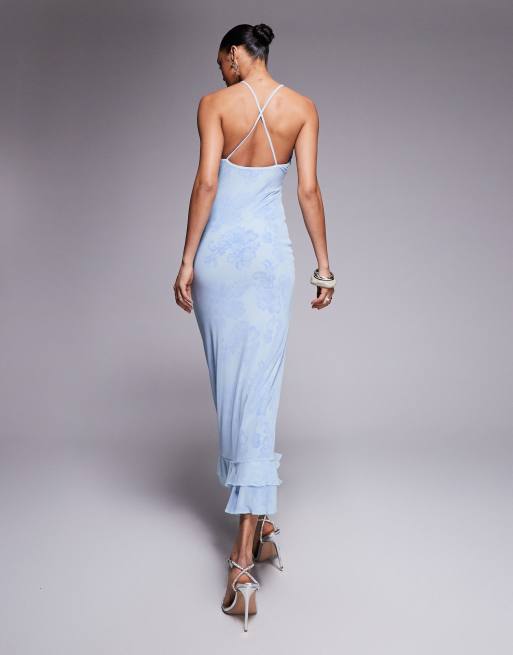 ASOS DESIGN - Dubbellaagse cami maxi jurk van mesh en kant met ruches in lichtblauw, 2 van 4