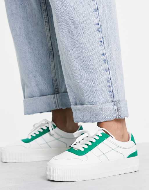 ASOS DESIGN Duet flatform lace up sneakers in white/green