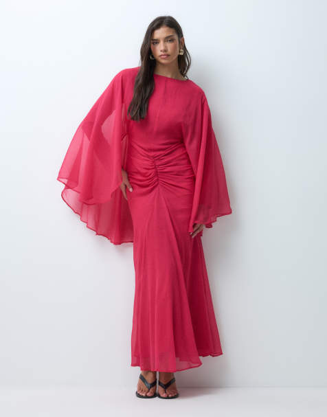 ASOS DESIGN długa sukienka maxi z rękawami angel i marszczoną talią w kolorze malinowym - view 1