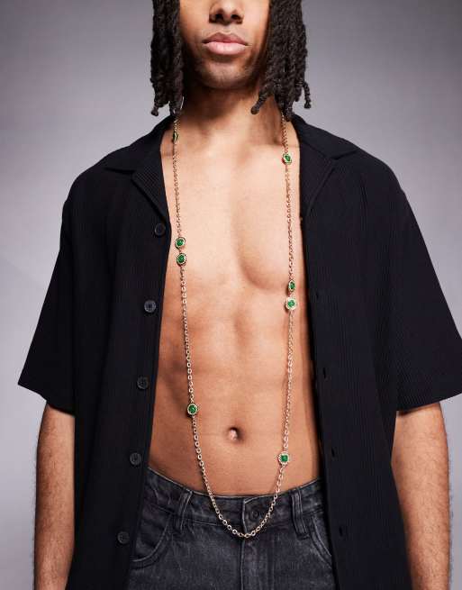 ASOS DESIGN – Długi naszyjnik łańcuszkowy w odcieniu złota z zielonymi kamieniami  