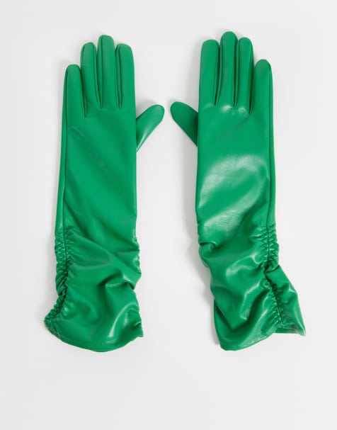 ASOS DESIGN długie rękawiczki z imitacji skóry z marszczeniem w kolorze zielonym - view 1