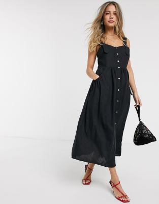 ASOS DESIGN dungaree button through midi sundress in black