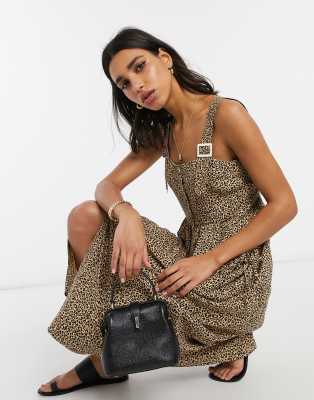 ASOS DESIGN dungaree button through midi sundress in leopard print-multi