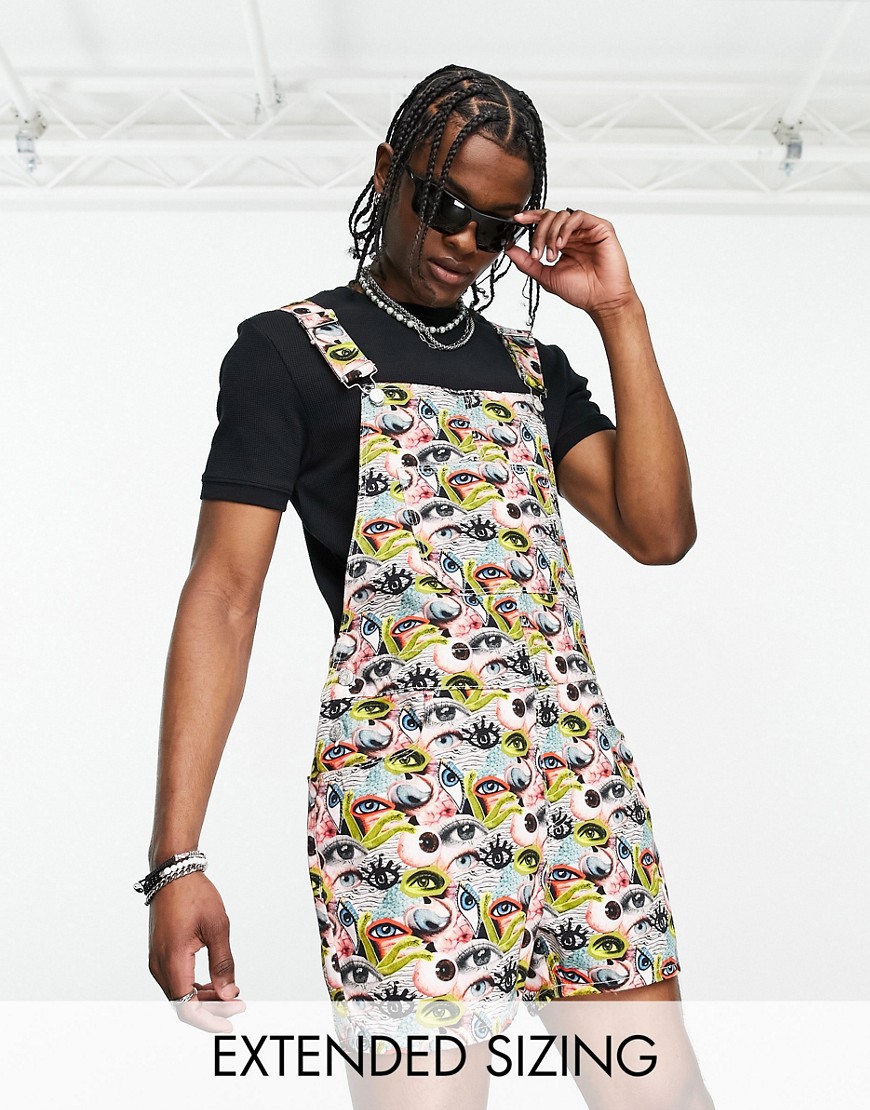 ASOS DESIGN dungaree in short length with all over eyes print-Multi