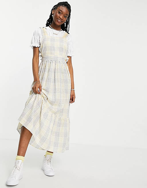Dresses dungaree midi sundress with shirred straps in yellow check print 