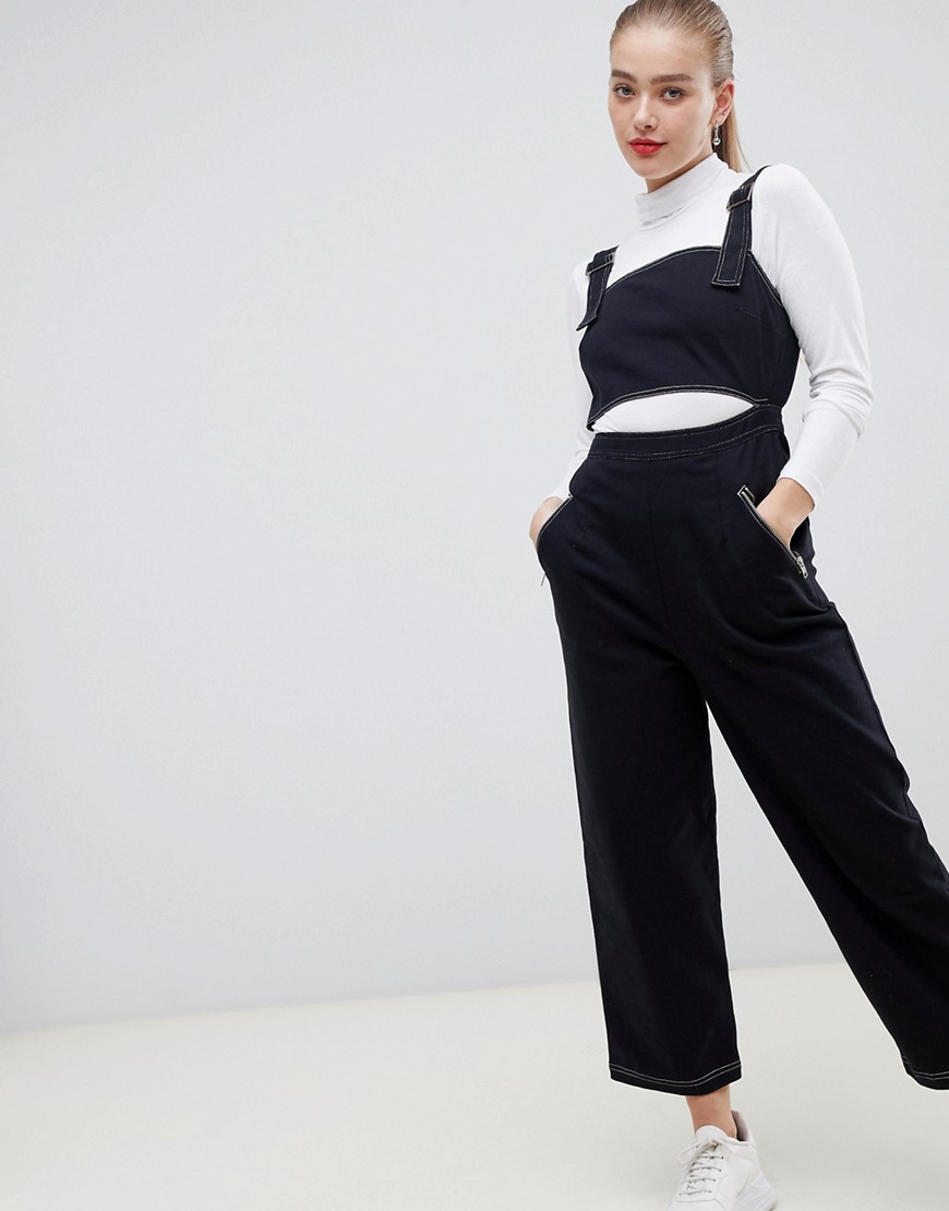 ASOS DESIGN dungaree with contrast stitch and cut out-Black