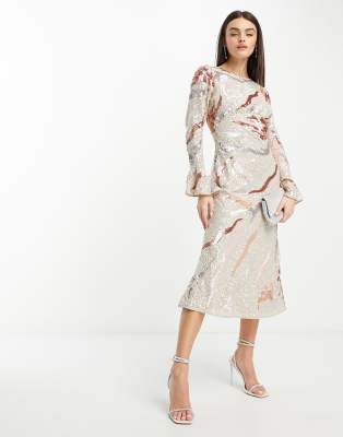 ASOS DESIGN - Durchgehend mit Pailletten verziertes Midikleid mit Wellenprint in neutralem Farbton und ausgestellten Ärm...