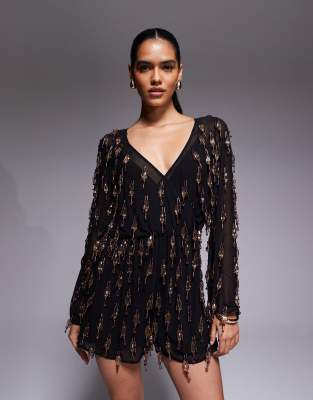 ASOS DESIGN - Durchgehend verzierter Playsuit in Schwarz mit Blouson-Oberteil