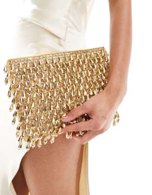 ASOS DESIGN - Durchgehende mit Perlen besetzte Clutch in Goldoptik mit Reißverschluss-Goldfarben