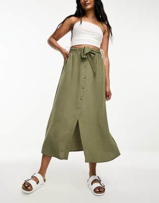 ASOS DESIGN - Durchgeknöpfter Midirock in Khaki mit Bindegürtel-Grün