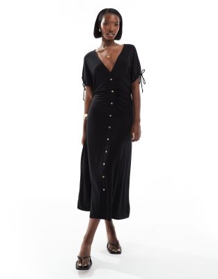 ASOS DESIGN - Durchgeknöpftes Midi-Freizeitkleid in Schwarz mit Bindeärmeln