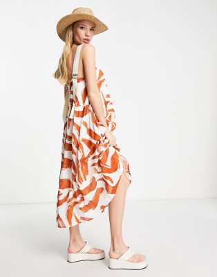 ASOS DESIGN - Durchgeknöpftes Midi-Sommerkleid mit abstraktem Muster und Ripsband-Träger-Bunt