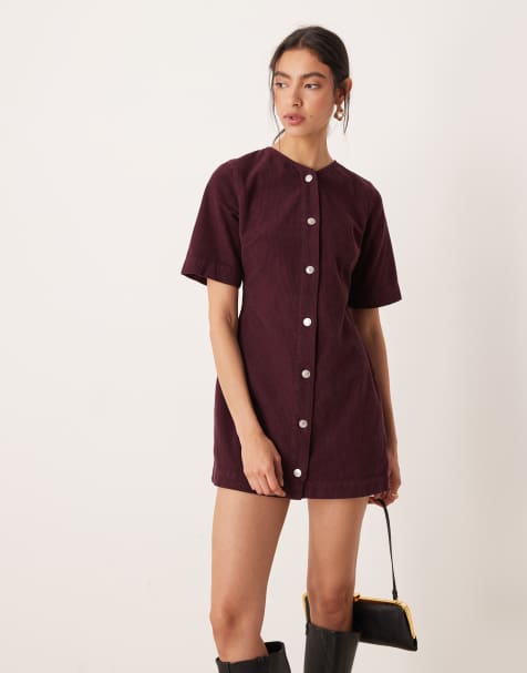 ASOS DESIGN – Durchgeknöpftes Minikleid aus Cord in Pflaume - view 1