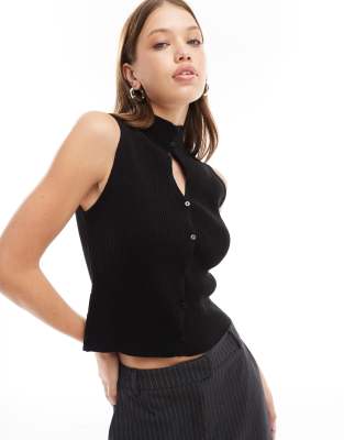 ASOS DESIGN - Durchgeknöpftes Strick-Tanktop in Schwarz mit Schlüssellochausschnitt