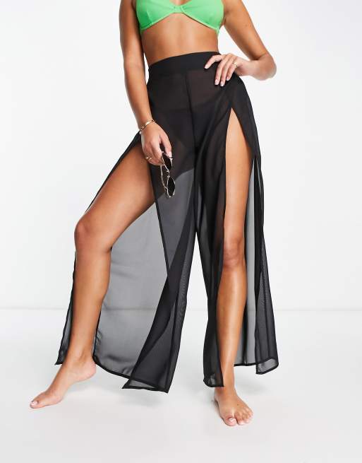 ASOS DESIGN – Durchscheinende Strandhose in Schwarz mit weitem Bein und geteilter Vorderseite