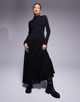 ASOS DESIGN - Durchscheinendes, langärmliges Maxikleid in Schwarz mit Godet-Einsätzen