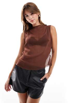 ASOS DESIGN - Durchscheinendes Tanktop mit Stehkragen und Knitterstruktur-Brown