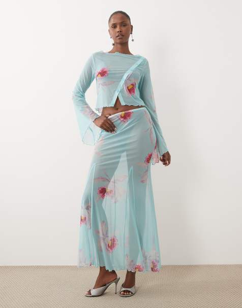 ASOS DESIGN durchsichtiger Maxi-Kombirock mit Blumenmuster in Blau - view 1