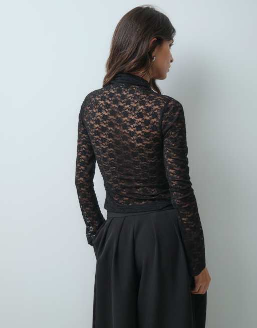 ASOS DESIGN durchsichtiges Spitzenoberteil mit hohem Kragen und langen Ärmeln mit Samt-Bustier-Overlay in Schwarz, 4 von 9