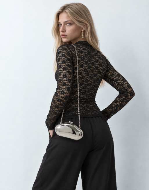 ASOS DESIGN durchsichtiges Spitzenoberteil mit hohem Kragen und langen Ärmeln mit Samt-Bustier-Overlay in Schwarz, 8 von 9