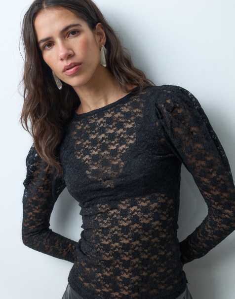 ASOS DESIGN durchsichtiges Spitzentop mit langen Ärmeln und Puffärmeln in Schwarz - view 1