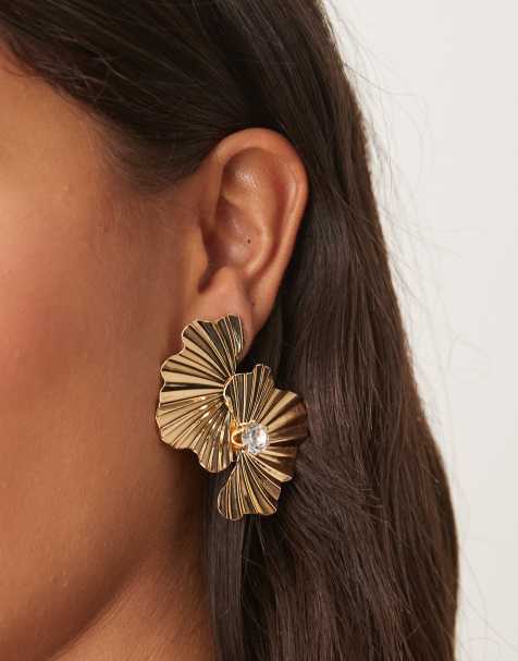 ASOS DESIGN – Duże kolczyki wkrętki z wachlarzami w kolorze złotym i błyszczącym kryształkiem - view 1