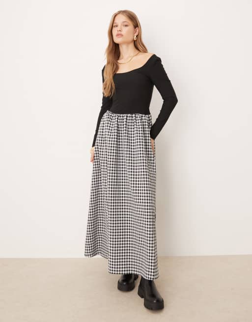 ASOS DESIGN – Dwuczęściowa sukienka maxi z dekoltem w kształcie litery U i spódnicą we wzór w czarno-białą kratkę vichy
