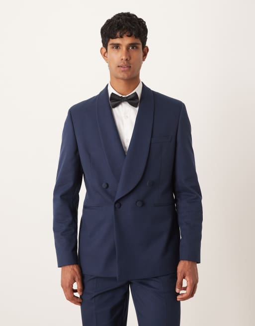 ASOS DESIGN – Granatowy dwurzędowy garnitur smokingowy o regularnym kroju z szalowymi klapami z diagonalu, 2 z 3