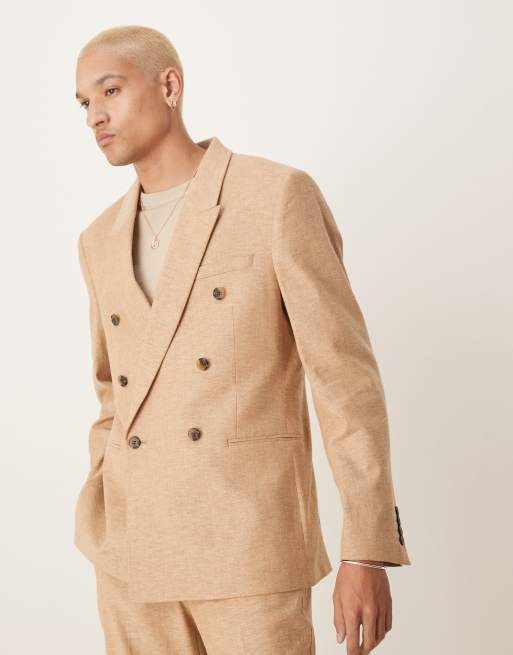 ASOS DESIGN – Dwurzędowa marynarka garniturowa o regularnym kroju z materiału z dodatkiem lnu w kolorze camelowym