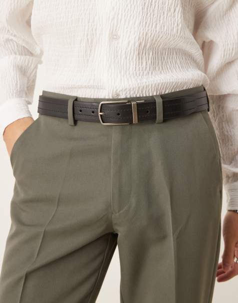 ASOS DESIGN – Dwustronny skórzany pasem w kolorze brązowym i czarnym z oksydowaną srebrną klamrą - view 1